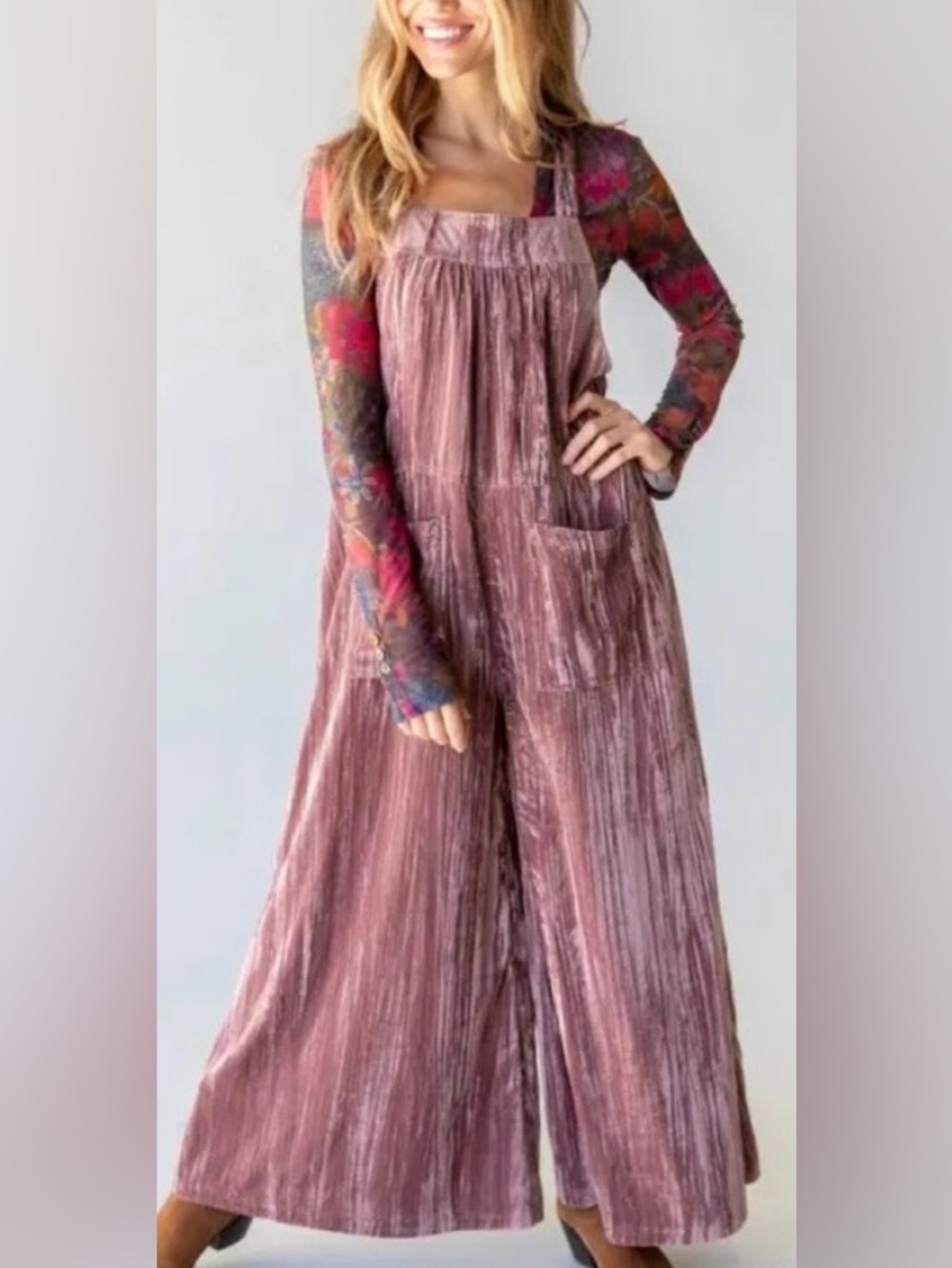 Natural Life Dakota Velvet Overall Jumpsuit Tie Back Wide Leg Dusty Rose Large